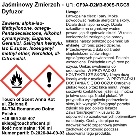 Dyfuzor Zapachowy do wnętrz - Jaśminowy Zmierzch