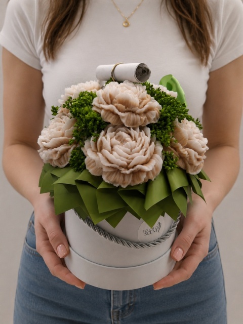 Kolekcja Ukryte w Kwiatach – Pistacjowy Flower Box z Ukrytą Wiadomością i Kwiatami Glicerynowymi