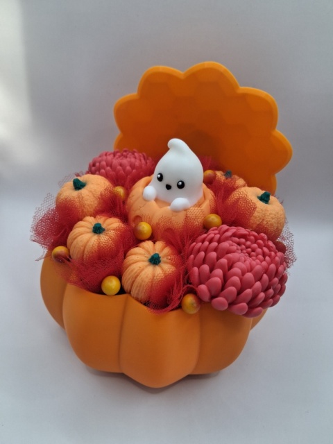 Dekoracja Halloween Dynia z Duchem – Jesienny Flower Box z Kwiatami i Dyniami Handmade | Oryginalna Dekoracja na Halloween
