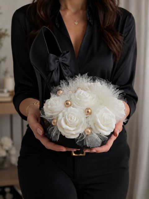 Flower Box z Białymi Różami i Czarną Szpilką – Elegancki Prezent dla Kobiety Handmade